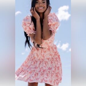 Rachel Parcell Pink Floral Knee Length Dress puff sleeve size xs